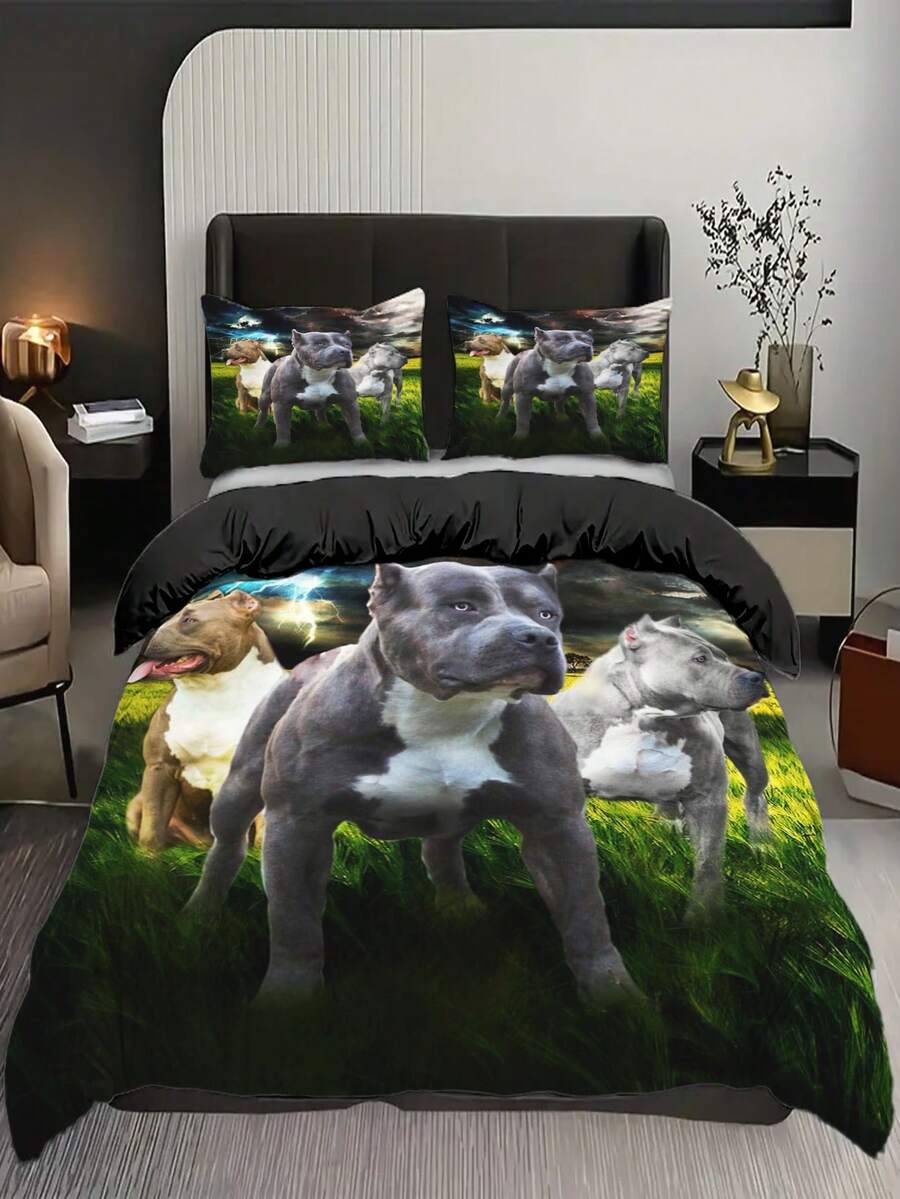 3入組3D卡通可愛狗狗印花被套套裝（1被套+2枕套，不含芯），家居寢室哈巴狗床上用品