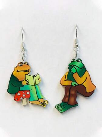 1 Pair Of Acrylic Earring, Cottagecore Frog Earrings, Gift, Frog Chatting Charms, Frog Reading Earrings, Story Book Earrings