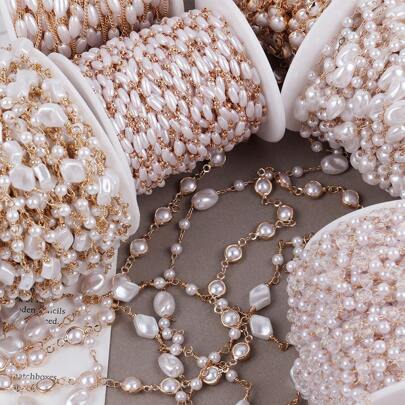 1m Asymmetrical Faux Pearl Copper Chain DIY Fashion Bracelet Necklace Jewelry Clothing Decoration Long Chain