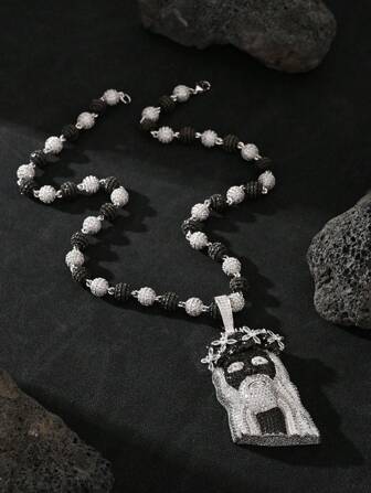 1 pieza Joyería de fe religiosa, negra y blanca, estilo punk rock, rapero con diamantes de imitación, de alta calidad 5A, con baño de platino, colgante de Cristo Jesús, collar con rosario de cuentas y pulsera, joyería personalizada y elegante para días festivos