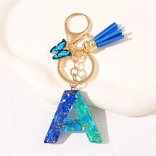 1pc Blauw Informeel Dames Schattig Kwastje Vlinderhanger Sleutelhanger Gradiënt Pailletten Letter Sleutelhangerhanger met glitter, Eerste detail - Geschikt als cadeau voor vrienden