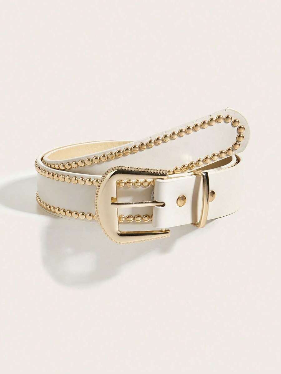 1 件复古西式手工铆钉 PU 皮带，百搭牛仔裤、连衣裙、街头风格夏季、秋季、万圣节 - 米色 - 查看 1