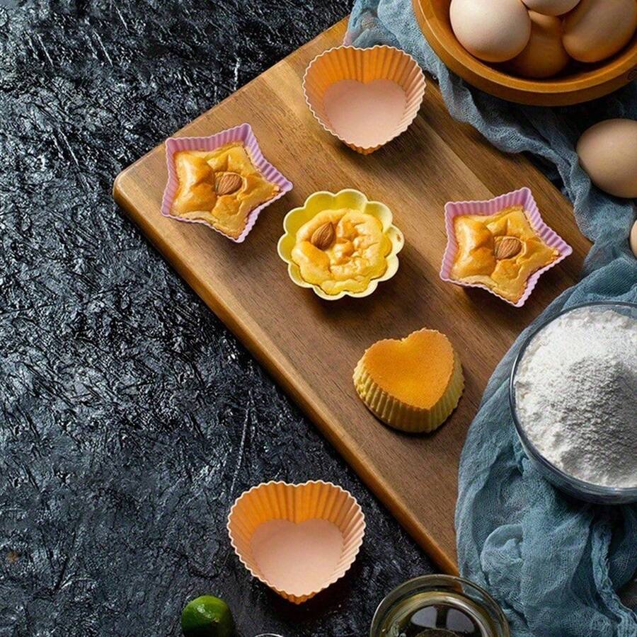 10 pièces Set de moules de cuisson en silicone, Moules à cupcakes en forme de cœur/étoile/fleur, Mini moules à gâteau en silicone pour muffins, desserts, idéal pour les passionnés de cuisson, outils de cuisine durables pour les fêtes d'anniversaire et les vacances - Multicolore - Voir 1