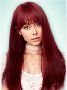 女士假髮26英寸長直髮酒紅色合成髮帶劉海熱可塑髮型逼真女士萬聖節角色扮演假髮 - 酒紅色 - 查看 2