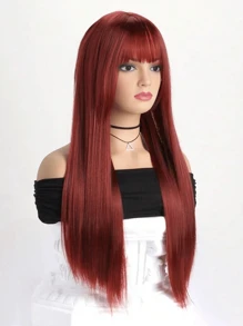 女士假髮26英寸長直髮酒紅色合成髮帶劉海熱可塑髮型逼真女士萬聖節角色扮演假髮 - 酒紅色 - 查看 4