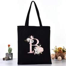 Borsa per la spesa estiva a grande capacità stampata con motivi di lettere, borsa tote casual stampata, zaino alla moda riutilizzabile, borsa multifunzionale, borsa per la spesa in tessuto di tela, borsa tote a stampa di lettere per donne, borsa a tracolla in tela, borsa per la spesa a grande capacità, borsa in tela a motivo semplice e alla moda, borsa per la spesa portatile, borsa a tracolla leggera e multifunzionale