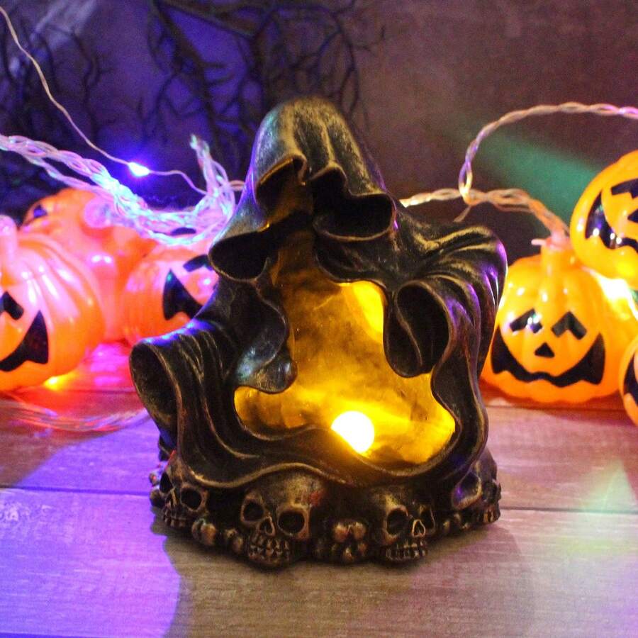 1pcHalloween Home Decor With Lamp Skeleton Statue Black Robes Gothic Resin Craft Decoration - Bronze - View 1