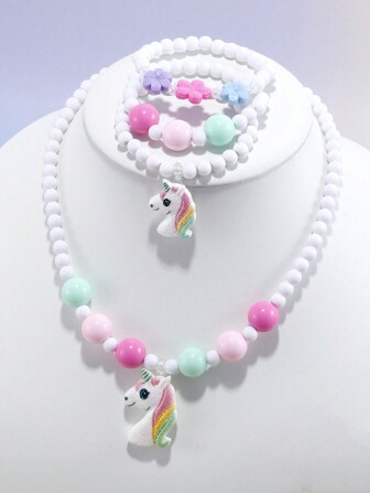 4pcs/Set Cute Unicorn Charm Bracelet, Necklace, Jewelry Set For Girls, Random Color, Party Gift