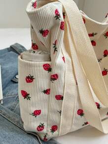 Bolso de mano grande de capacidad con estampado de fresa en un estilo casual y sencillo, perfecto para el campus, vacaciones, playa, viajes y hospitales, un bolso de moda y adorable para San Valentín