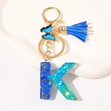1pc Blauw Informeel Dames Schattig Kwastje Vlinderhanger Sleutelhanger Gradiënt Pailletten Letter Sleutelhangerhanger met glitter, Eerste detail - Geschikt als cadeau voor vrienden