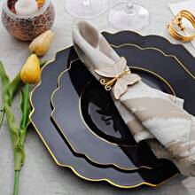 60pcs Black Plastic Plates,Black And Gold Plates Baroque,Gold Plates Plastic,Include 30 Plastic Dinner Plates,30 Appetizer Plates,Suit For Party, Birthday, Wedding, Easter And Monther's Day - Black - View 5