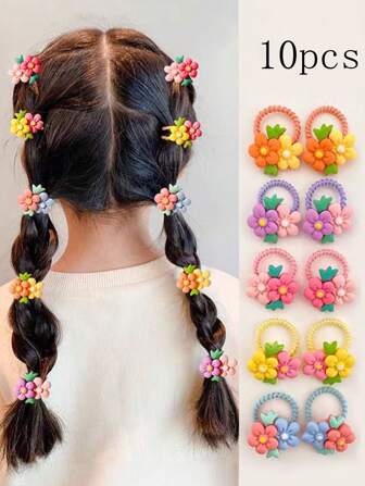 10pcs Girls' New Spring And Summer Resin Flower Hair Ties, Baby Braiding Double Flower Rubber Bands Suitable For Daily Life Or Vacation