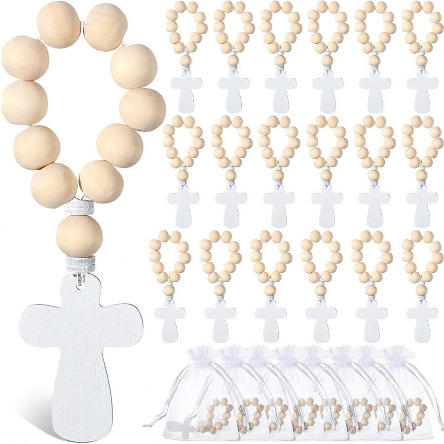 6/12pcs Wooden Catholic Rosary Beads With Wooden Cross Pendant, Comes With White Mesh Bag, Suitable For Baptism, First Communion, Bridal Shower, Unisex, Christmas And Other Occasions - Multicolor - View 1