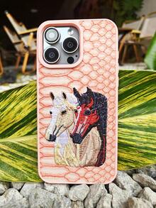 帶有動物圖案蛇圖案的3D刺繡馬手機殼,兼容iPhone 11 13 15 Pro Max的皮革手機套 - 彩色 - 查看 10