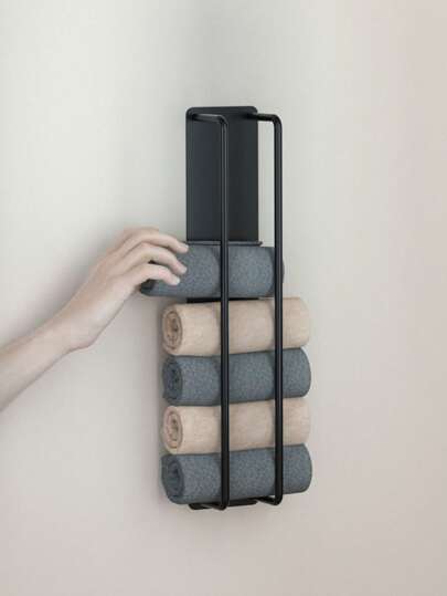 1pc Bathroom Towel Rack, Metal Spiral Towel Holder With Top Storage Shelf, Wall Mounted Towel Organizer And Storage Rack, Black, Bathroom Accessories