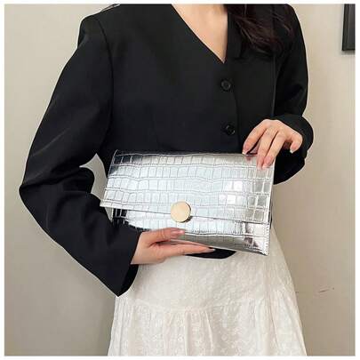 Crocodile Pattern PU Women's Clutch Bag, Envelope Style Wallet With Metal Ring Buckle, Unique Evening Bag, Suitable For Parties, Dances, Weddings, Formal Events