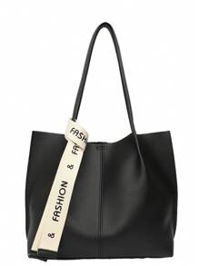 女士PU皮革經典手提包，大容量，設有對比縫線，適用於休閒場合，可手提和肩背雙用 - 黑色 - 查看 2