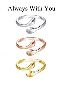 1入實心925純銀始終與您相伴的擁抱手設計調節指環,適用於女性、家人、母親作情人節珠寶禮物 - 純的 - 查看 11