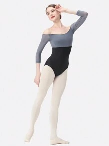 DonsGirl Donsegirl Malla de una sola pieza para mujer con diseño sexy de hombros descubiertos, manga tres cuartos y parches de malla en contraste para ballet, danza, yoga, deporte y actuación