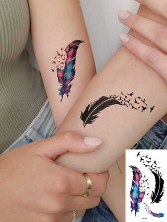 1 张小尺寸人体艺术临时纹身贴纸，男女皆宜，黑色和彩色风格羽毛飞鸟免费图案，防水假纹身，持续 2-5 天，遮盖疤痕，可用于手臂手腕肩膀腿腰颈手胸部大腿手指脚踝，适用于派对、礼物、度假、身体装饰