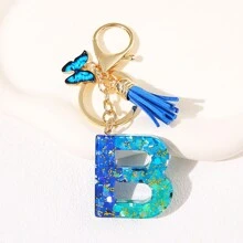 1pc Blauw Informeel Dames Schattig Kwastje Vlinderhanger Sleutelhanger Gradiënt Pailletten Letter Sleutelhangerhanger met glitter, Eerste detail - Geschikt als cadeau voor vrienden