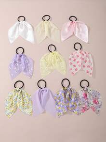 10 قطعة مطاط شعر بناتي مطبوع عليه زهور وشريط ، إكسسوارز ديكورية يومية