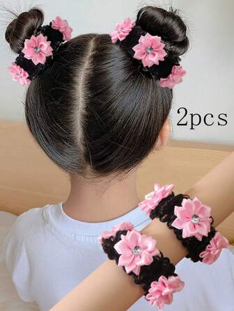 2pcs Girls' Back To School Cute Bun Hair Ties With Rhinestone & Flower Decoration, Suitable For Daily Life Or Vacation