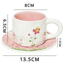 1 conjunto de xícara de café e pires de cerâmica com flores cor de rosa do mar e de 250ml, conjunto pintado à mão de coração adorável de menina para chá da tarde