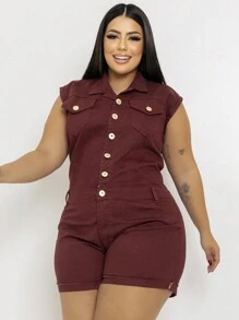 Plus Size Denim Overalls - Màu Đỏ Sâu - Xem 3