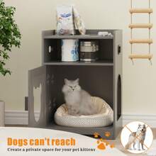 Arenero para gatos con luces LED, mueble escondite para caja de arena, mesa auxiliar para gatos con estantes de marco de madera, decoración de casa de mascotas con mesilla de noche ocultando el baño o dormitorio - Gris - Ver 6