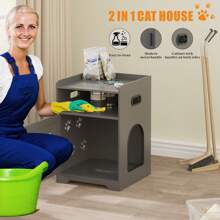 Arenero para gatos con luces LED, mueble escondite para caja de arena, mesa auxiliar para gatos con estantes de marco de madera, decoración de casa de mascotas con mesilla de noche ocultando el baño o dormitorio - Gris - Ver 4