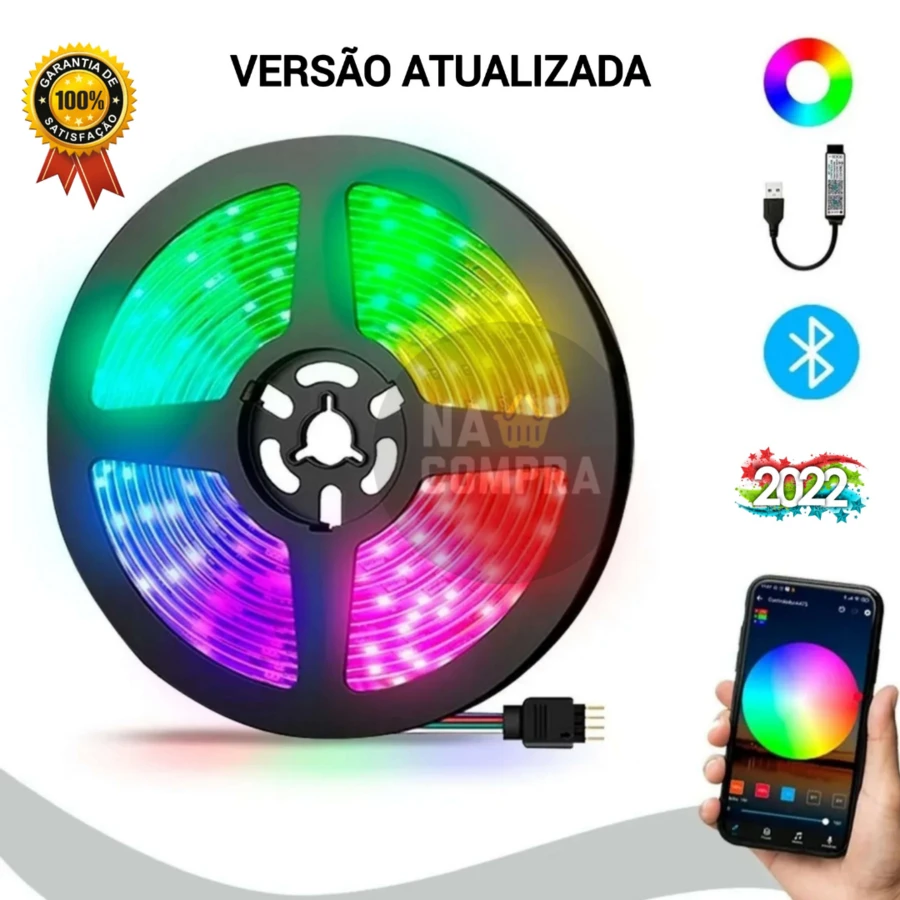 Fita Led Rgb Bluetooth 5050, 5m, 10m, 15m e 20 Metros App Controle + Fonte / Envio Imediato - 20 Metros - Visão 1
