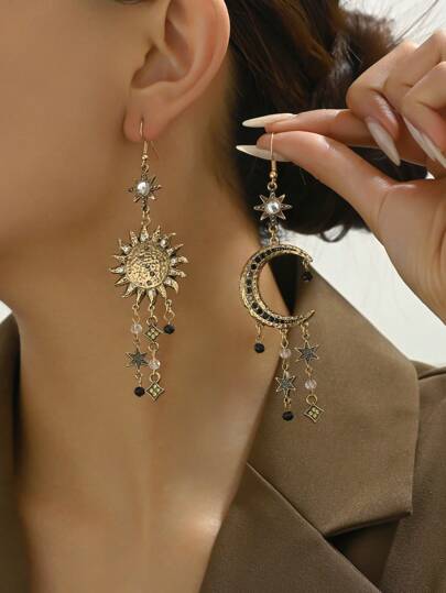 1 Par De Aretes Largos De Borlas De Sol, Luna Y Estrellas Del Estilo Bohemio Vintage, Incrustados Con Pedrería Para Mujer, Regalo De Fiesta, Aleación De Zinc, Uso Diario