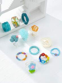 12pcs/Set Summer Party Style Resin Rings For Women, Colorful Braided Beads, Soft Ceramic Flowers - Blue - View 4