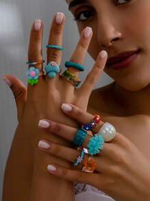 12pcs/Set Summer Party Style Resin Rings For Women, Colorful Braided Beads, Soft Ceramic Flowers - Blue - View 1
