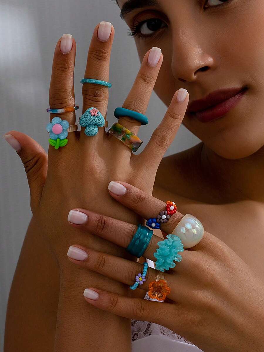 12pcs/Set Summer Party Style Resin Rings For Women, Colorful Braided Beads, Soft Ceramic Flowers - Blue - View 1