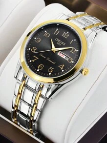 ساعة رجالية كوارتز فاخرة من ORUSS , مقاومة للماء وبعرض اليوم والتاريخ، ساعة رجالية من الفولاذ المقاوم للصدأ، ساعة يد رجالية رياضية أنيقة للأعمال مع إضاءة الليل - الأسود - مشاهدة 1