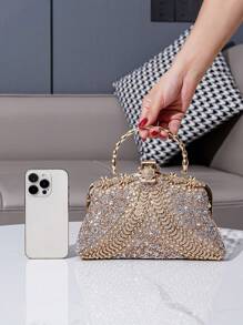 Rhinestone Decorated Metal Handle Clutch Purse, Luxury Elegant Party Handbag For Women Weddings, - Champagne - View 6