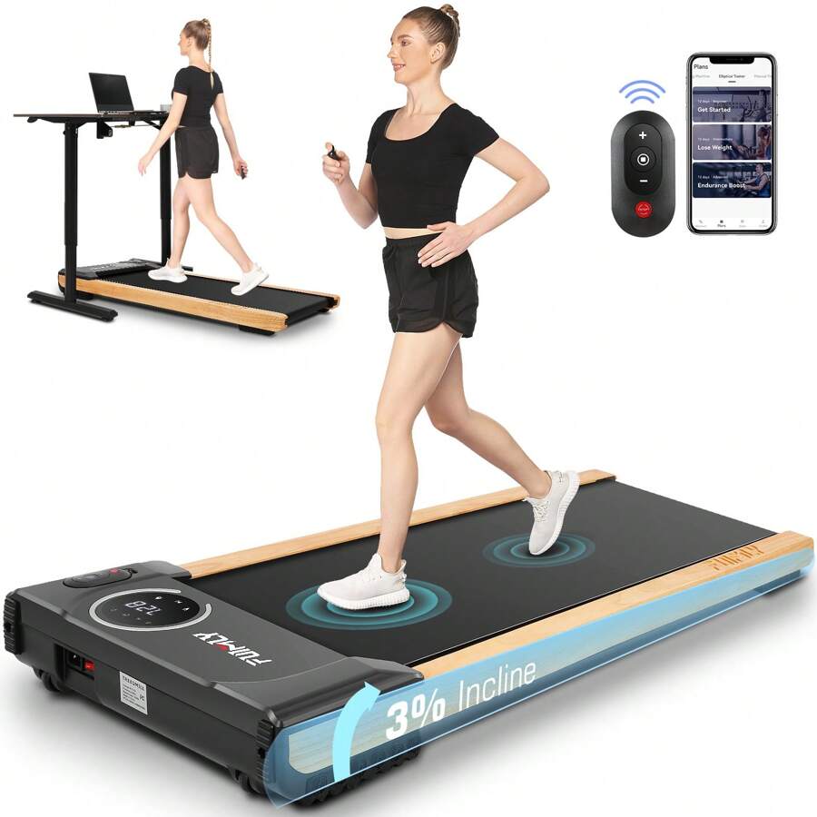 FUNMILY Walking Pad With Incline, Wooden Frame Under Desk Treadmill With Smart App & Remote Controlled, Walking Pad Treadmill 300 Lb Capacity, Portable Treadmill With LED Touchscreen For Home Office - Black - View 1