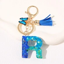 1pc Blauw Informeel Dames Schattig Kwastje Vlinderhanger Sleutelhanger Gradiënt Pailletten Letter Sleutelhangerhanger met glitter, Eerste detail - Geschikt als cadeau voor vrienden