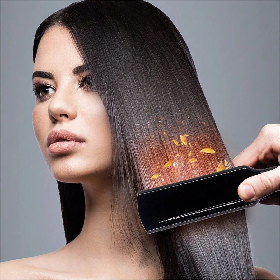 RUCHA Bàn chải duỗi tóc màu đen Tấm titan Bàn là phẳng Lược điều trị Keratin Dụng cụ tạo kiểu tóc Điện áp kép Làm nóng nhanh cho tóc dài và dày - Phích cắm loại C của EU (220-240V) - Xem 1