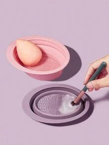 1入摺疊式矽膠洗刷碗/化妝刷/化妝蛋清潔器，可攜式多功能女性清潔墊 - 紫色 - 查看 2