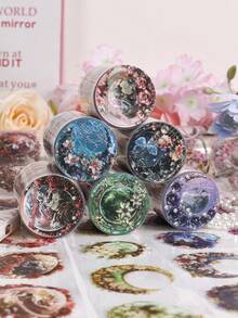 6 cuộn/Bộ nhãn dán họa tiết trái đất, mặt trăng và vòng hoa sáng tạo từ Starry Flower Dream PET Chất liệu chống nước và chống mài mòn, hoàn hảo cho nhật ký, album ảnh, trang trí điện thoại di động và máy tính - Nhiều màu - Xem 4