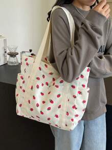 Bolso de mano grande de capacidad con estampado de fresa en un estilo casual y sencillo, perfecto para el campus, vacaciones, playa, viajes y hospitales, un bolso de moda y adorable para San Valentín