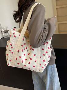 Bolso de mano grande de capacidad con estampado de fresa en un estilo casual y sencillo, perfecto para el campus, vacaciones, playa, viajes y hospitales, un bolso de moda y adorable para San Valentín