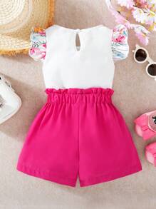 Young Girl Floral Flutter Sleeve Top And Solid Color Shorts Summer Casual Outfit