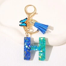 1pc Blauw Informeel Dames Schattig Kwastje Vlinderhanger Sleutelhanger Gradiënt Pailletten Letter Sleutelhangerhanger met glitter, Eerste detail - Geschikt als cadeau voor vrienden
