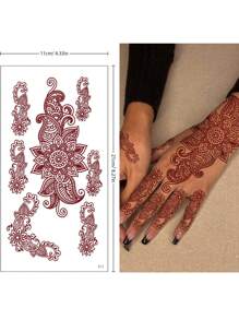 4pcs/Set Henna Flower Temporary Tattoo Stickers For Hand And Body, Vintage Red Design - Red - View 5