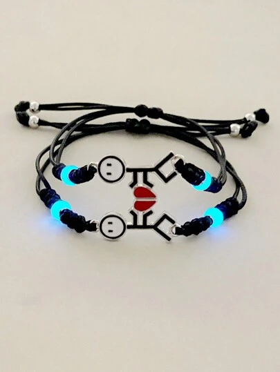 ATLVXJL 2 piezas Pulsera de Charm tejida en negro con figura de dibujos animados de pareja y corazón rojo de PU, decoración que brilla en la oscuridad, regalo para seres queridos en días festivos y San Valentín
