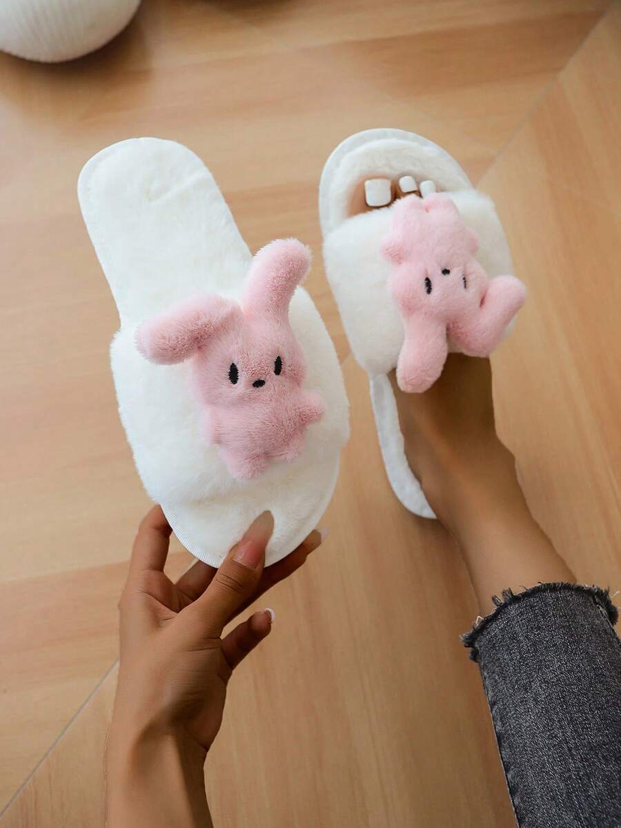 Cute Cartoon Plush Folded Ear Rabbit Women's Indoor/Outdoor Slipper, Open Toe And Anti-Slip - White - View 1